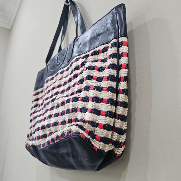 Tory Burch Raffia Woven Straw Leather Tote Bag Multicolor Picnic Beach Casual - Picture 6 of 16